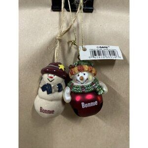 2 Christmas Ganz 1.75" Snowman Personalized Ceramic & Bell Ornament “Bonnie”